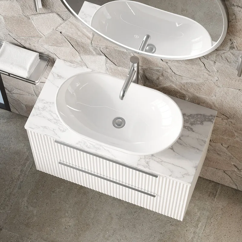 Fluted 800mm Wall Hung 2 Drawer Vanity Unit & Carrera Marble Laminate Worktop - White Satin