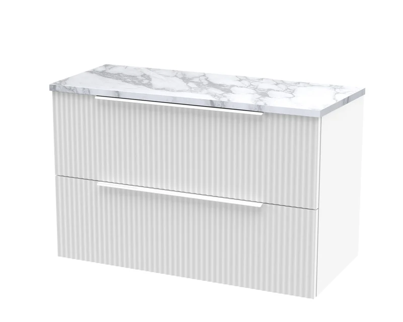 Fluted 800mm Wall Hung 2 Drawer Vanity Unit & Carrera Marble Laminate Worktop - White Satin