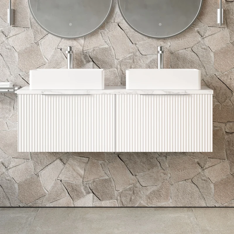 Fluted 1200mm Wall Hung 2 Drawer Vanity Unit & Carrera Marble Laminate Worktop - White Satin