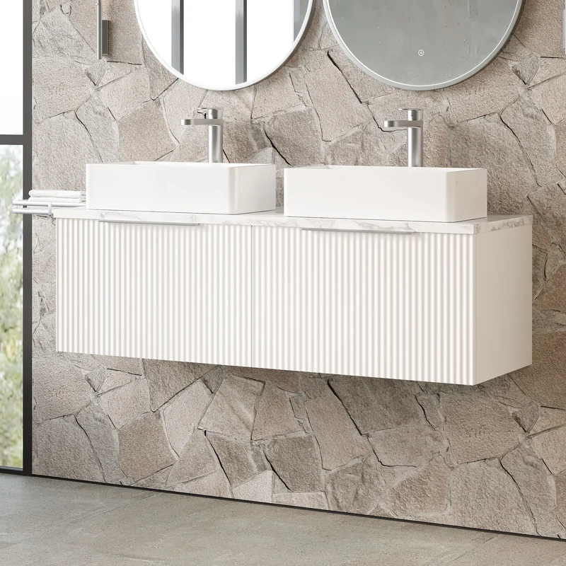 Fluted 1200mm Wall Hung 2 Drawer Vanity Unit & Carrera Marble Laminate Worktop - White Satin
