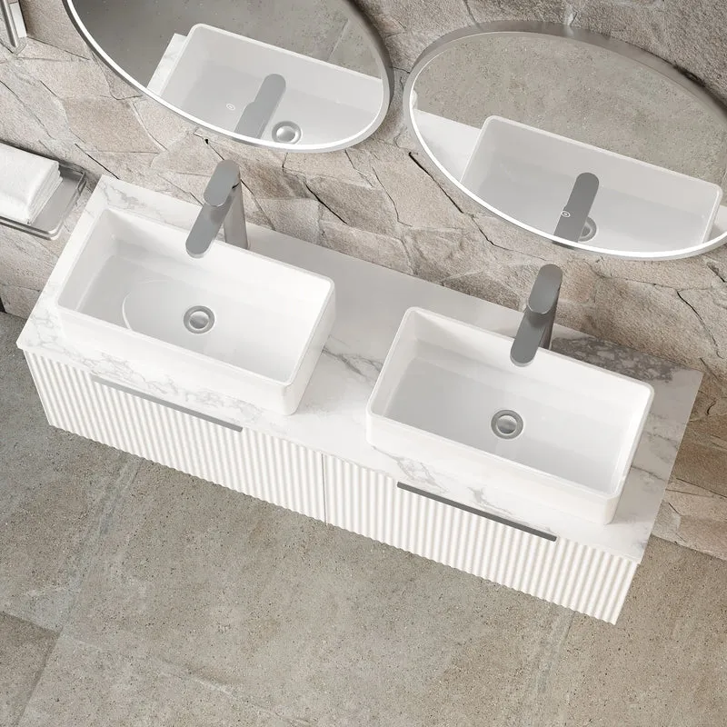 Fluted 1200mm Wall Hung 2 Drawer Vanity Unit & Carrera Marble Laminate Worktop - White Satin