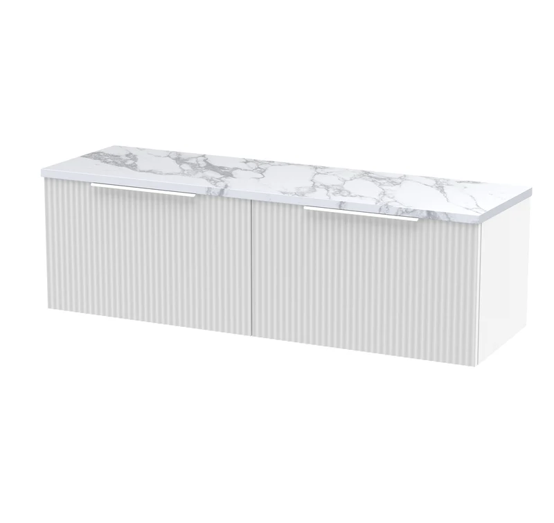 Fluted 1200mm Wall Hung 2 Drawer Vanity Unit & Carrera Marble Laminate Worktop - White Satin