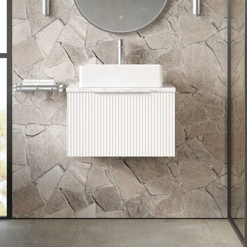 Fluted 600mm Wall Hung Single Drawer Vanity Unit & Carrera Marble Laminate Worktop - White Satin