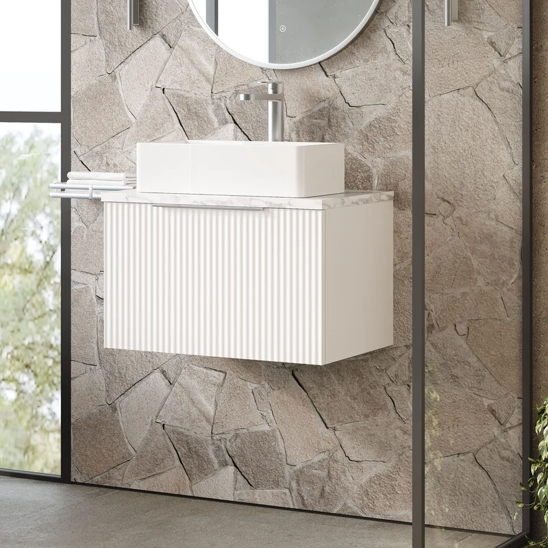 Fluted 600mm Wall Hung Single Drawer Vanity Unit & Carrera Marble Laminate Worktop - White Satin