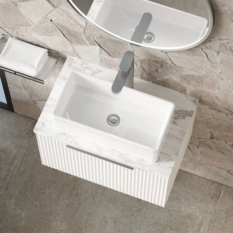 Fluted 600mm Wall Hung Single Drawer Vanity Unit & Carrera Marble Laminate Worktop - White Satin