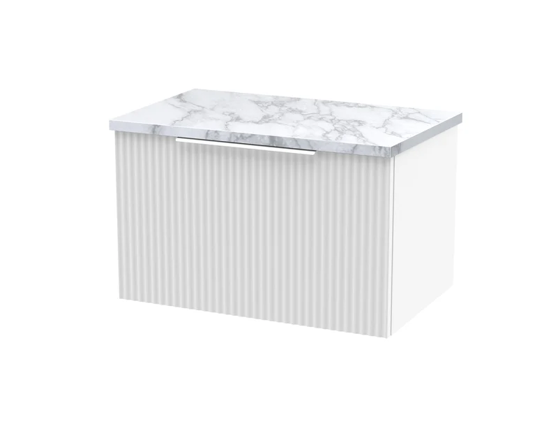 Fluted 600mm Wall Hung Single Drawer Vanity Unit & Carrera Marble Laminate Worktop - White Satin