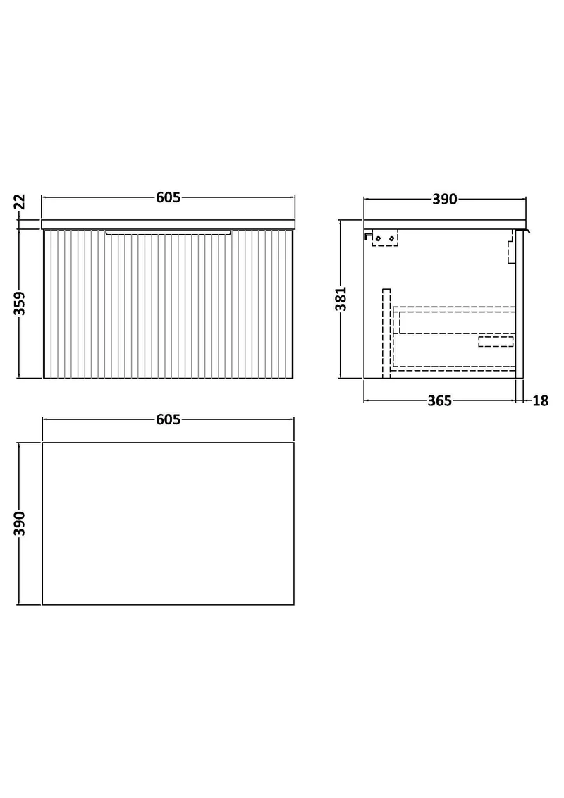 Fluted 600mm Wall Hung Single Drawer Vanity Unit & Carrera Marble Laminate Worktop - White Satin
