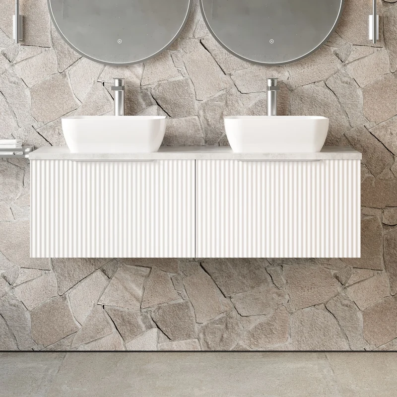 Fluted 1200mm Wall Hung 2 Drawer Vanity Unit & Bellato Grey Laminate Worktop - White Satin