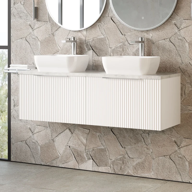 Fluted 1200mm Wall Hung 2 Drawer Vanity Unit & Bellato Grey Laminate Worktop - White Satin