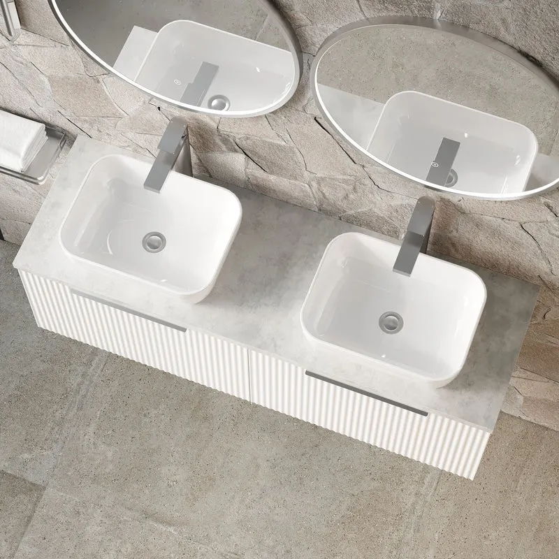 Fluted 1200mm Wall Hung 2 Drawer Vanity Unit & Bellato Grey Laminate Worktop - White Satin