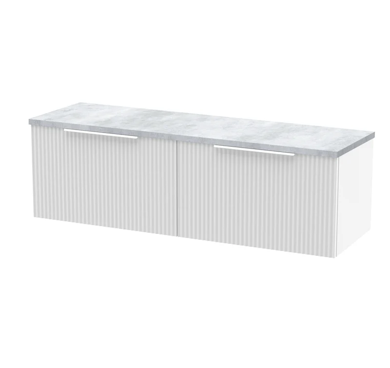 Fluted 1200mm Wall Hung 2 Drawer Vanity Unit & Bellato Grey Laminate Worktop - White Satin