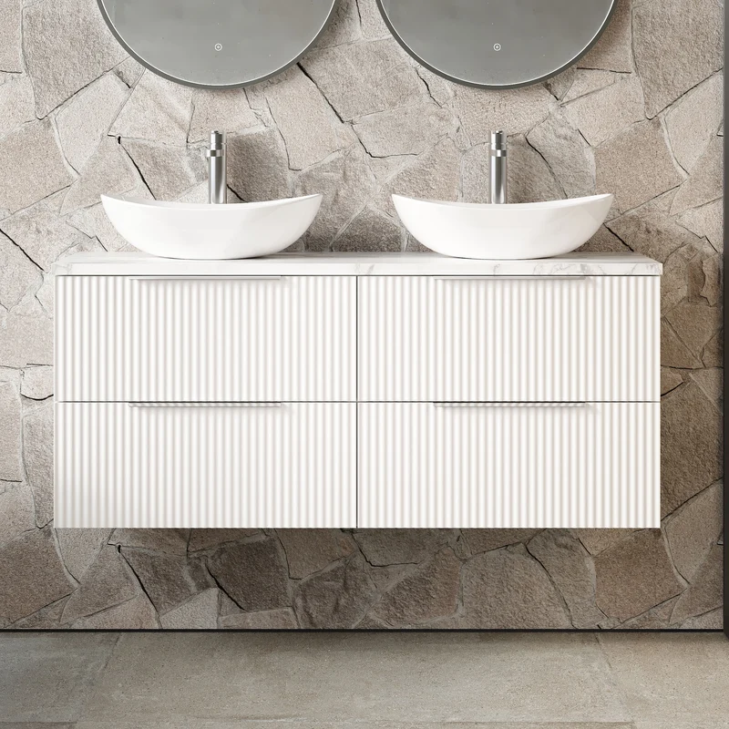 Fluted 1200mm Wall Hung 4 Drawer Vanity Unit & Carrera Marble Laminate Worktop - White Satin