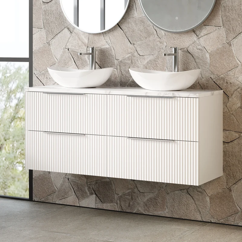 Fluted 1200mm Wall Hung 4 Drawer Vanity Unit & Carrera Marble Laminate Worktop - White Satin
