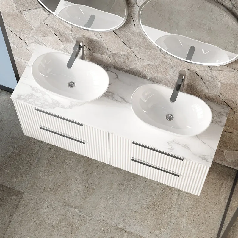 Fluted 1200mm Wall Hung 4 Drawer Vanity Unit & Carrera Marble Laminate Worktop - White Satin