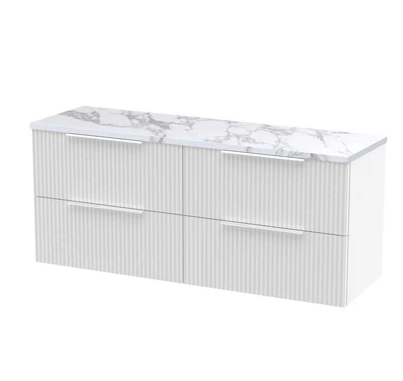 Fluted 1200mm Wall Hung 4 Drawer Vanity Unit & Carrera Marble Laminate Worktop - White Satin