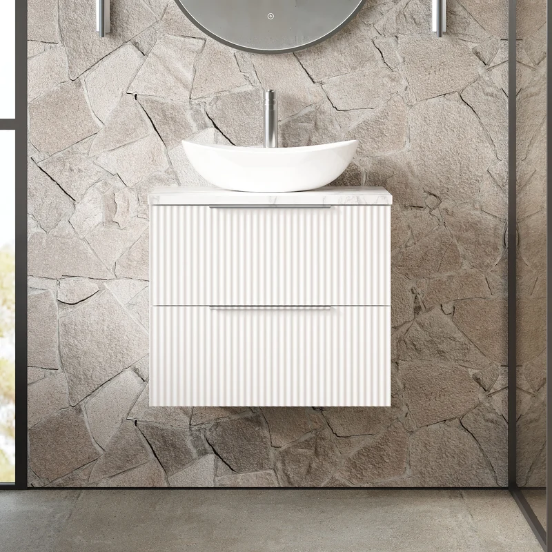 Fluted 600mm Wall Hung 2 Drawer Vanity Unit & Carrera Marble Laminate Worktop - White Satin
