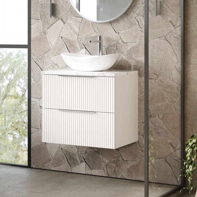 Fluted 600mm Wall Hung 2 Drawer Vanity Unit & Carrera Marble Laminate Worktop - White Satin