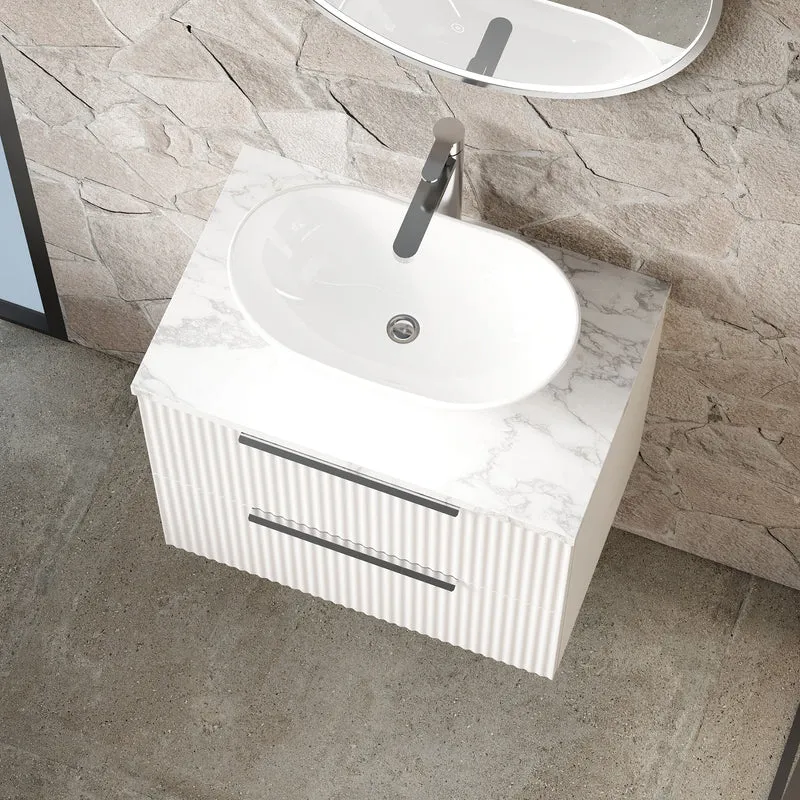 Fluted 600mm Wall Hung 2 Drawer Vanity Unit & Carrera Marble Laminate Worktop - White Satin