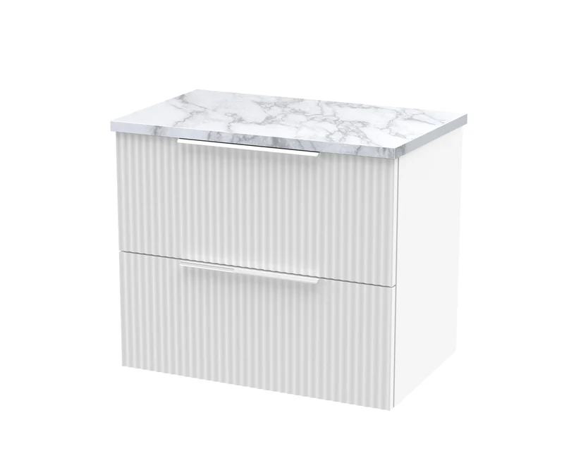 Fluted 600mm Wall Hung 2 Drawer Vanity Unit & Carrera Marble Laminate Worktop - White Satin
