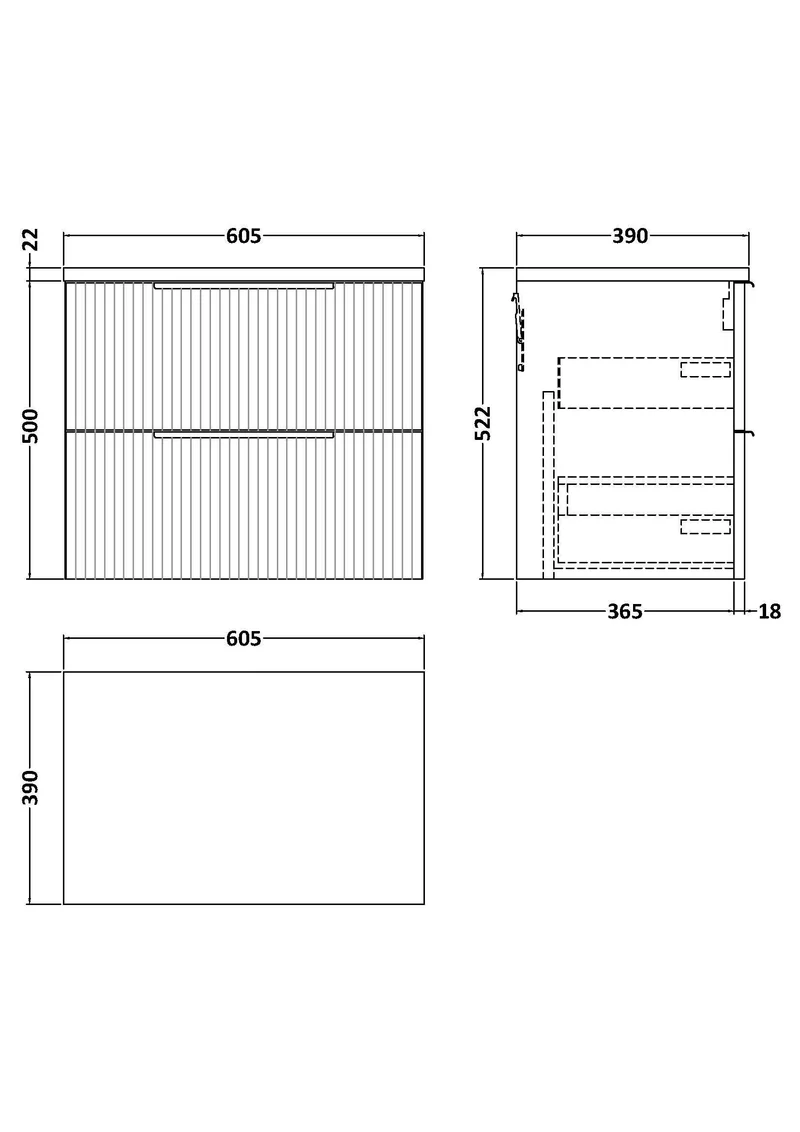 Fluted 600mm Wall Hung 2 Drawer Vanity Unit & Carrera Marble Laminate Worktop - White Satin