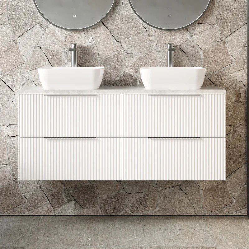 Fluted 1200mm Wall Hung 4 Drawer Vanity Unit & Bellato Grey Laminate Worktop - White Satin