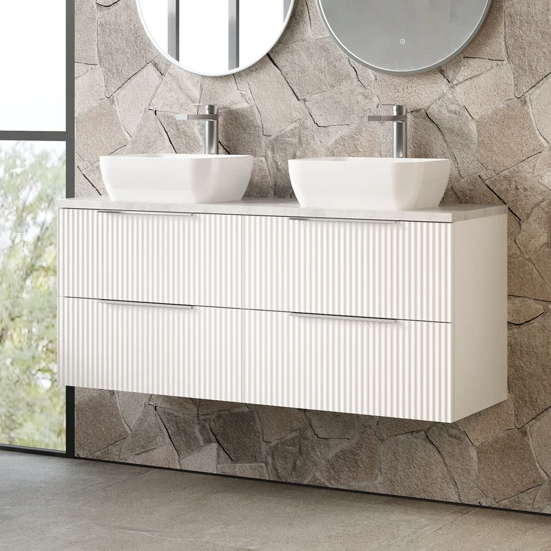 Fluted 1200mm Wall Hung 4 Drawer Vanity Unit & Bellato Grey Laminate Worktop - White Satin