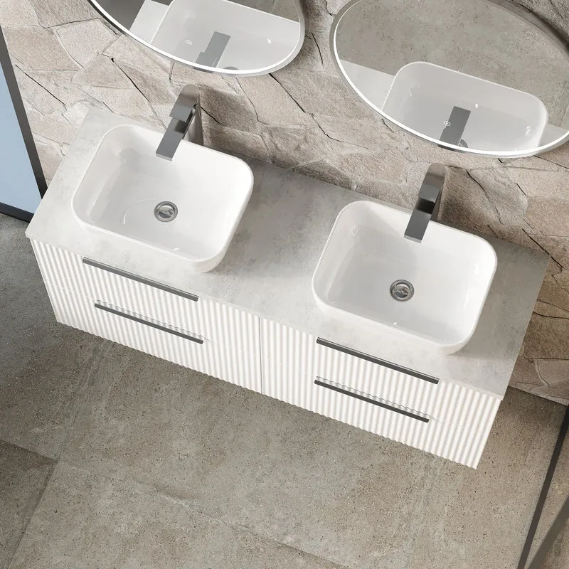 Fluted 1200mm Wall Hung 4 Drawer Vanity Unit & Bellato Grey Laminate Worktop - White Satin