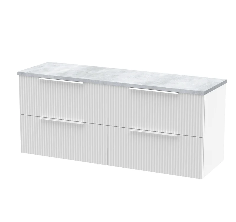 Fluted 1200mm Wall Hung 4 Drawer Vanity Unit & Bellato Grey Laminate Worktop - White Satin