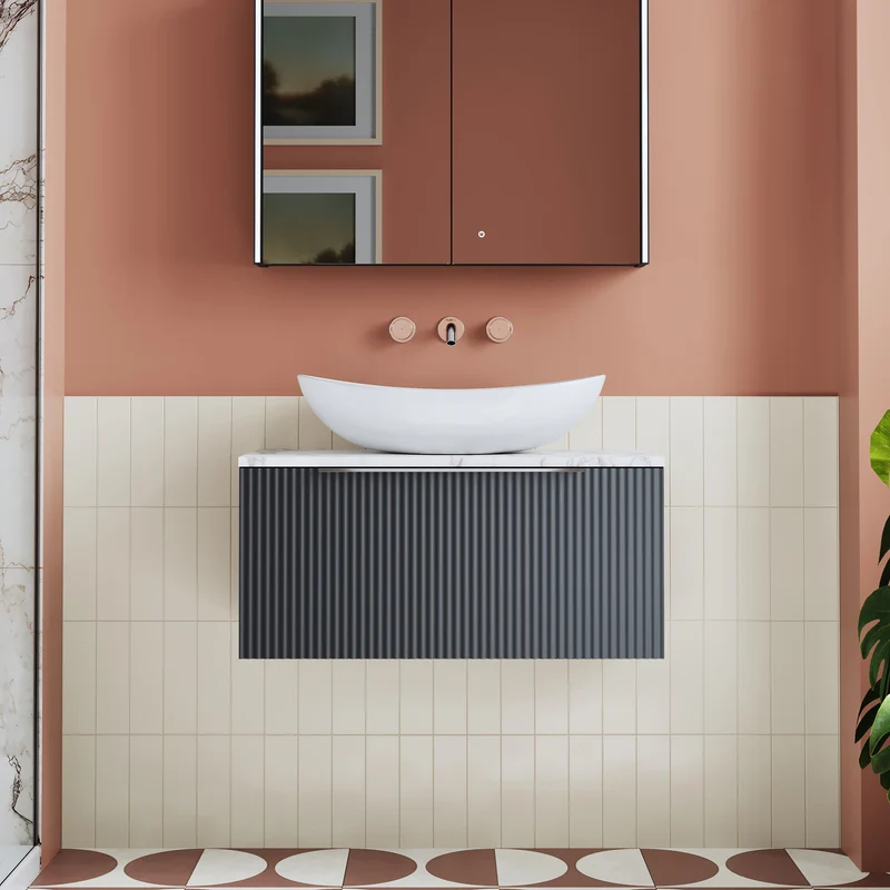 Fluted 800mm Wall Hung Single Drawer Vanity Unit & Carrera Marble Laminate Worktop - Soft Black Satin