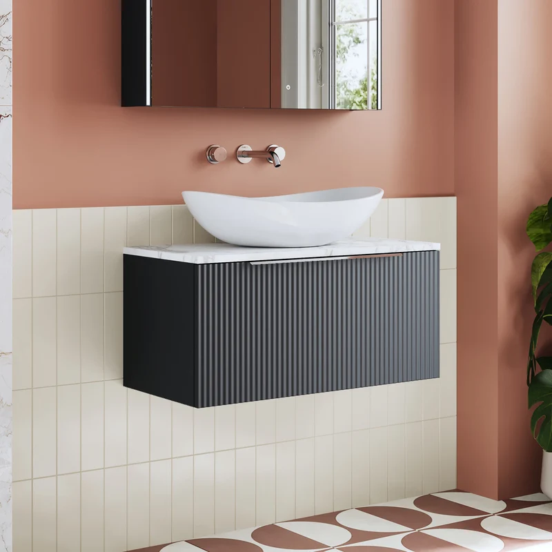 Fluted 800mm Wall Hung Single Drawer Vanity Unit & Carrera Marble Laminate Worktop - Soft Black Satin