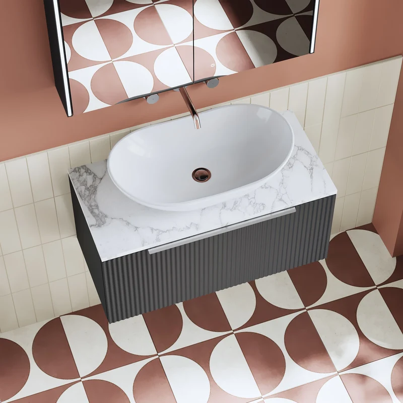 Fluted 800mm Wall Hung Single Drawer Vanity Unit & Carrera Marble Laminate Worktop - Soft Black Satin
