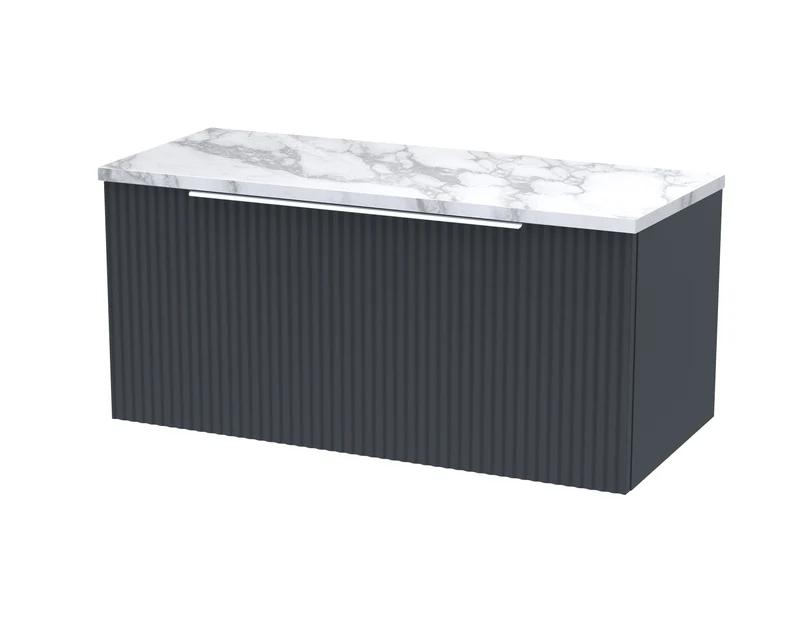 Fluted 800mm Wall Hung Single Drawer Vanity Unit & Carrera Marble Laminate Worktop - Soft Black Satin