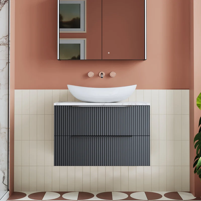 Fluted 800mm Wall Hung 2 Drawer Vanity Unit & Carrera Marble Laminate Worktop - Soft Black Satin