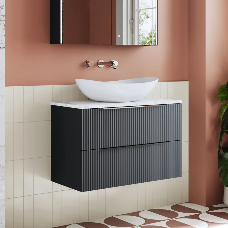 Fluted 800mm Wall Hung 2 Drawer Vanity Unit & Carrera Marble Laminate Worktop - Soft Black Satin