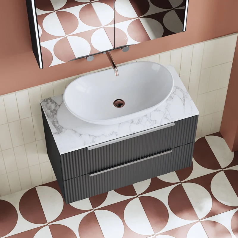 Fluted 800mm Wall Hung 2 Drawer Vanity Unit & Carrera Marble Laminate Worktop - Soft Black Satin