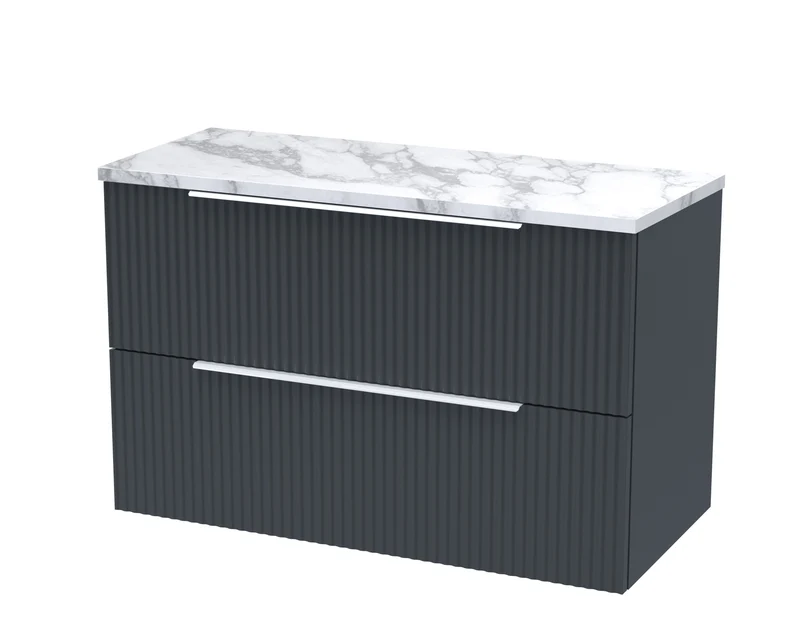Fluted 800mm Wall Hung 2 Drawer Vanity Unit & Carrera Marble Laminate Worktop - Soft Black Satin