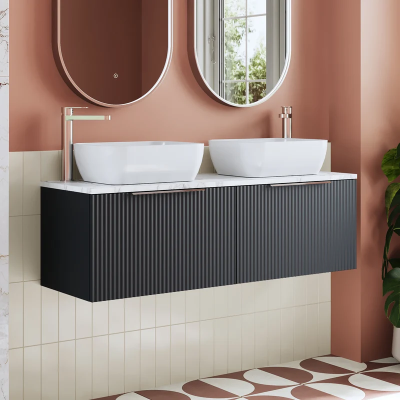 Fluted 1200mm Wall Hung 2 Drawer Vanity Unit & Carrera Marble Laminate Worktop - Soft Black Satin