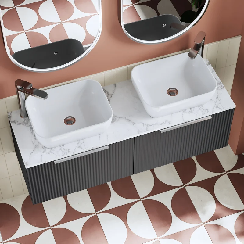 Fluted 1200mm Wall Hung 2 Drawer Vanity Unit & Carrera Marble Laminate Worktop - Soft Black Satin