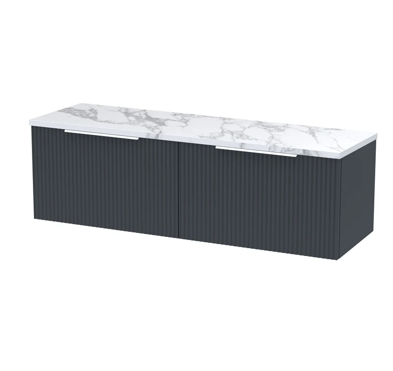 Fluted 1200mm Wall Hung 2 Drawer Vanity Unit & Carrera Marble Laminate Worktop - Soft Black Satin