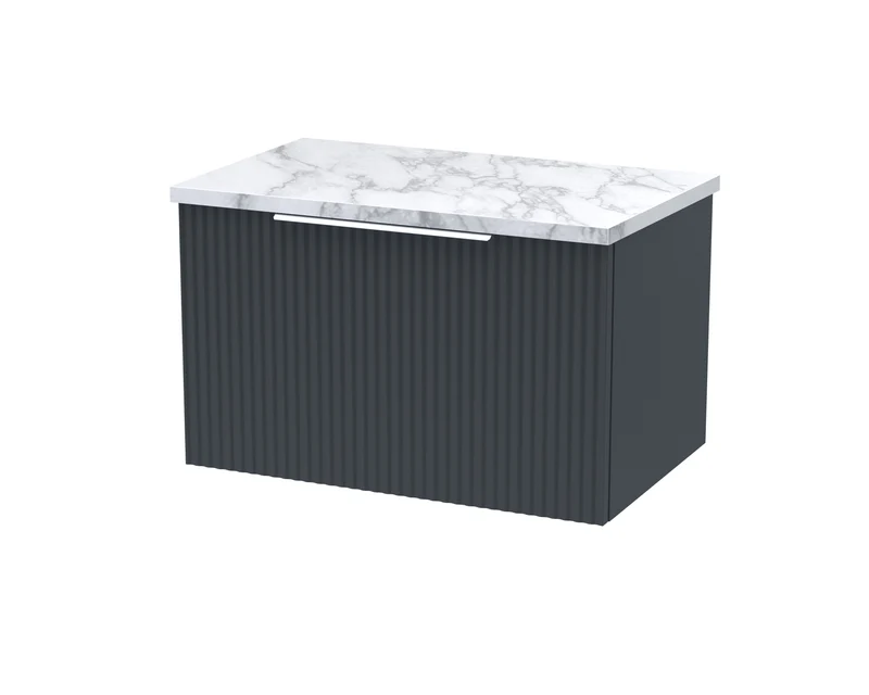 Fluted 600mm Wall Hung Single Drawer Vanity Unit & Carrera Marble Laminate Worktop - Soft Black Satin