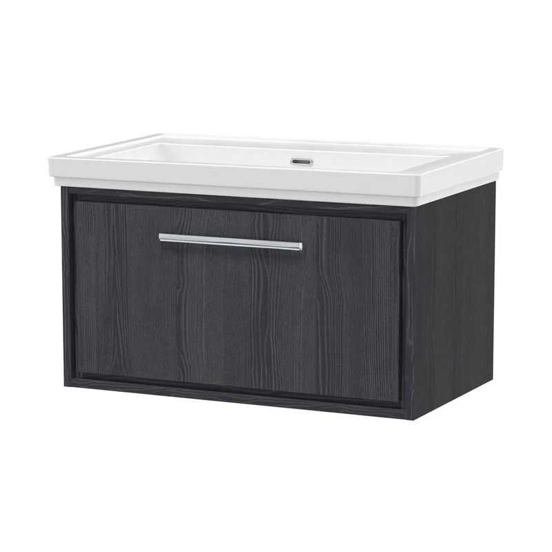 Hudson Reed Lille 800mm Wall Hung Single Drawer Vanity With Basin - 0 Tap Hole Contemp Graphite Grey Woodgrain Fireclay,MFC Textured Woodgrain 498x830x471mm