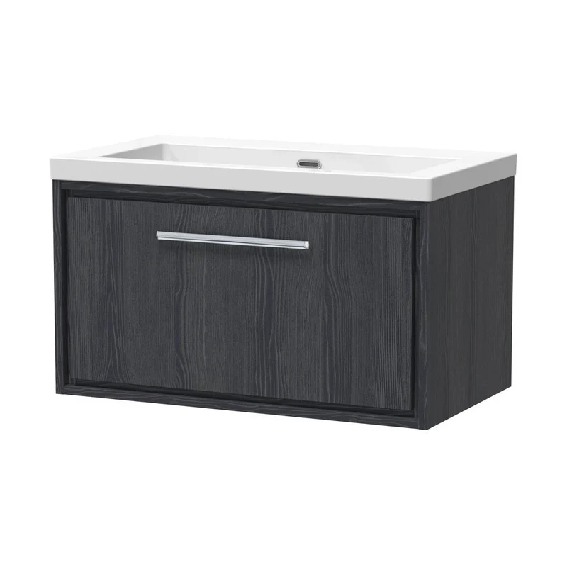 Hudson Reed Lille 800mm Wall Hung Single Drawer Vanity With Basin - 0 Tap Hole Contemp Graphite Grey Woodgrain Fireclay,MFC Textured Woodgrain 476x813x462mm