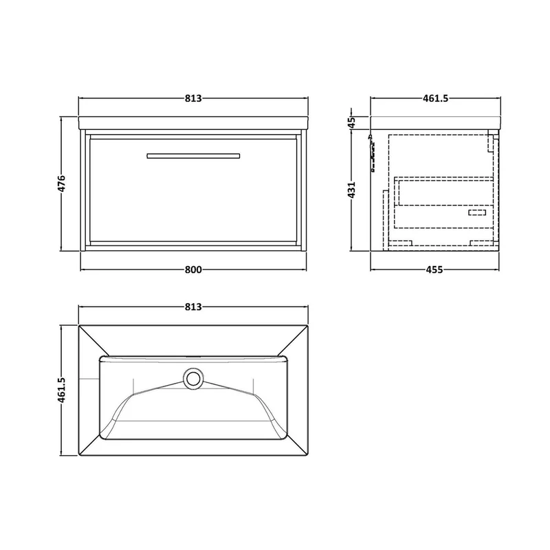 Hudson Reed Lille 800mm Wall Hung Single Drawer Vanity With Basin - 0 Tap Hole Contemp Graphite Grey Woodgrain Fireclay,MFC Textured Woodgrain 476x813x462mm