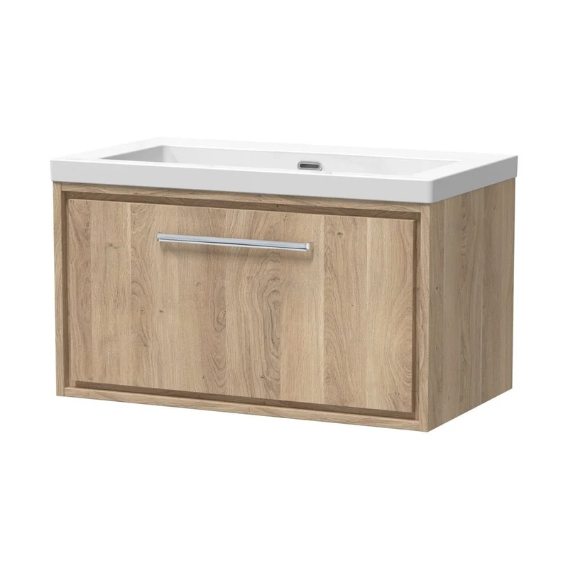 Hudson Reed Lille 800mm Wall Hung Single Drawer Vanity With Basin - 0 Tap Hole Contemp Bleached Oak Fireclay,MFC Textured Woodgrain 476x813x462mm