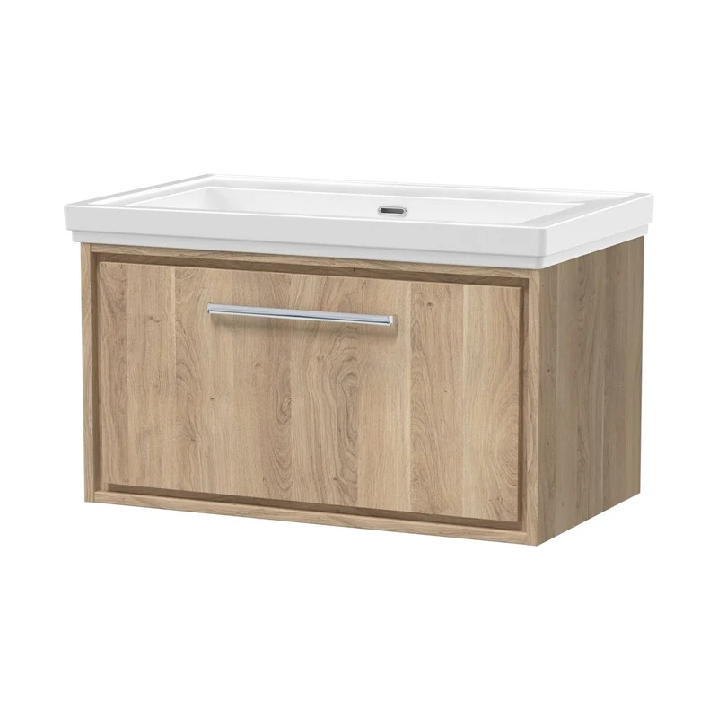 Hudson Reed Lille 800mm Wall Hung Single Drawer Vanity With Basin - 0 Tap Hole Contemp Bleached Oak Fireclay,MFC Textured Woodgrain 498x830x471mm