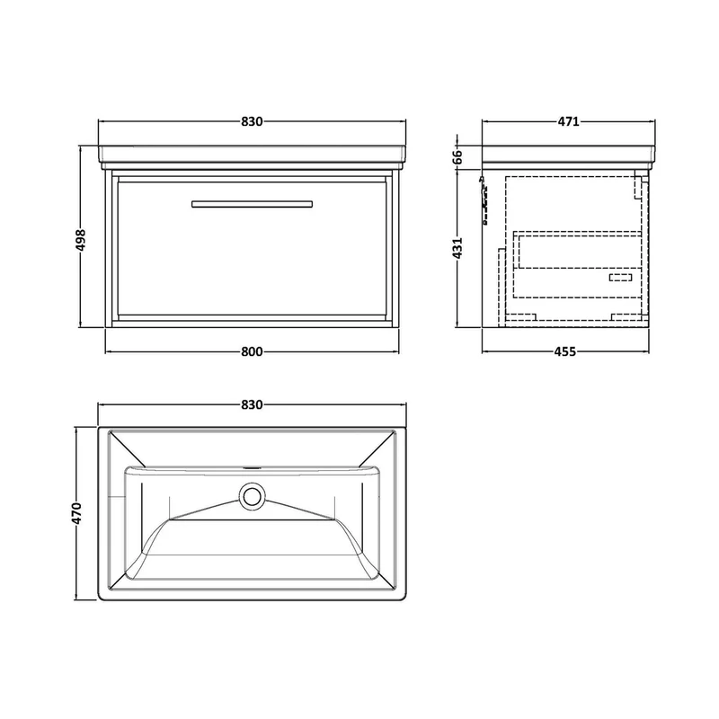 Hudson Reed Lille 800mm Wall Hung Single Drawer Vanity With Basin - 0 Tap Hole Contemp Bleached Oak Fireclay,MFC Textured Woodgrain 498x830x471mm