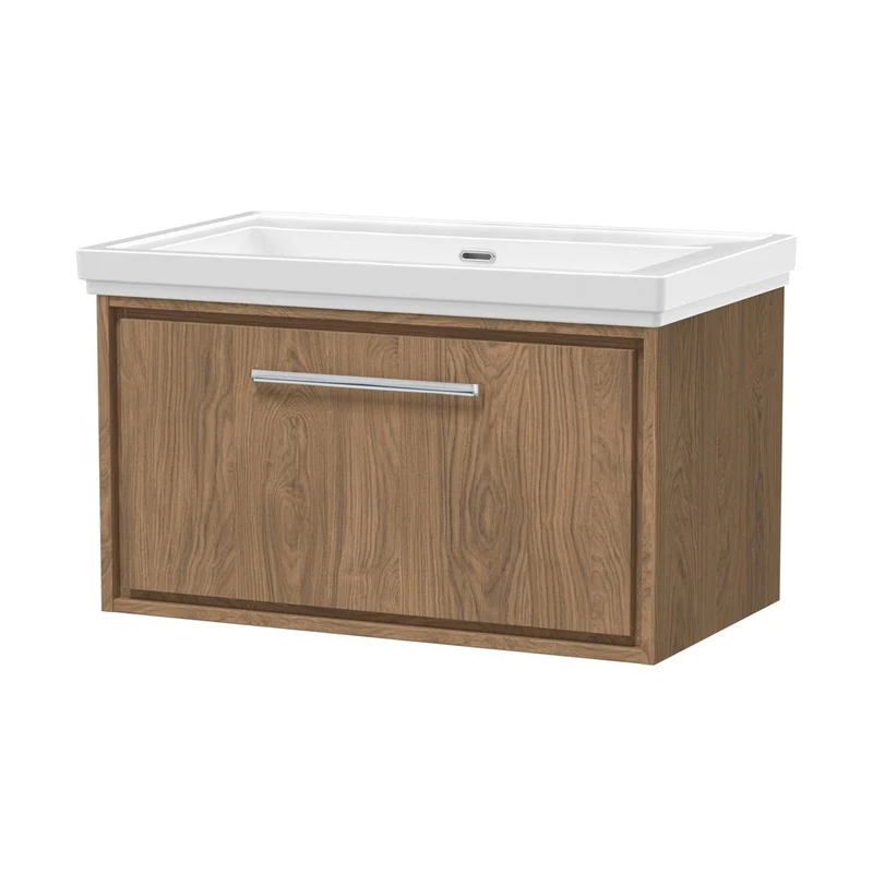 Hudson Reed Lille 800mm Wall Hung Single Drawer Vanity With Basin - 0 Tap Hole Contemp Antique Oak Fireclay,MFC Textured Woodgrain 498x830x471mm
