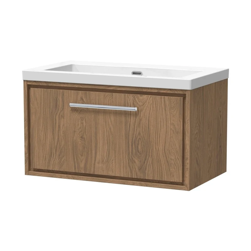Hudson Reed Lille 800mm Wall Hung Single Drawer Vanity With Basin - 0 Tap Hole Contemp Antique Oak Fireclay,MFC Textured Woodgrain 476x813x462mm