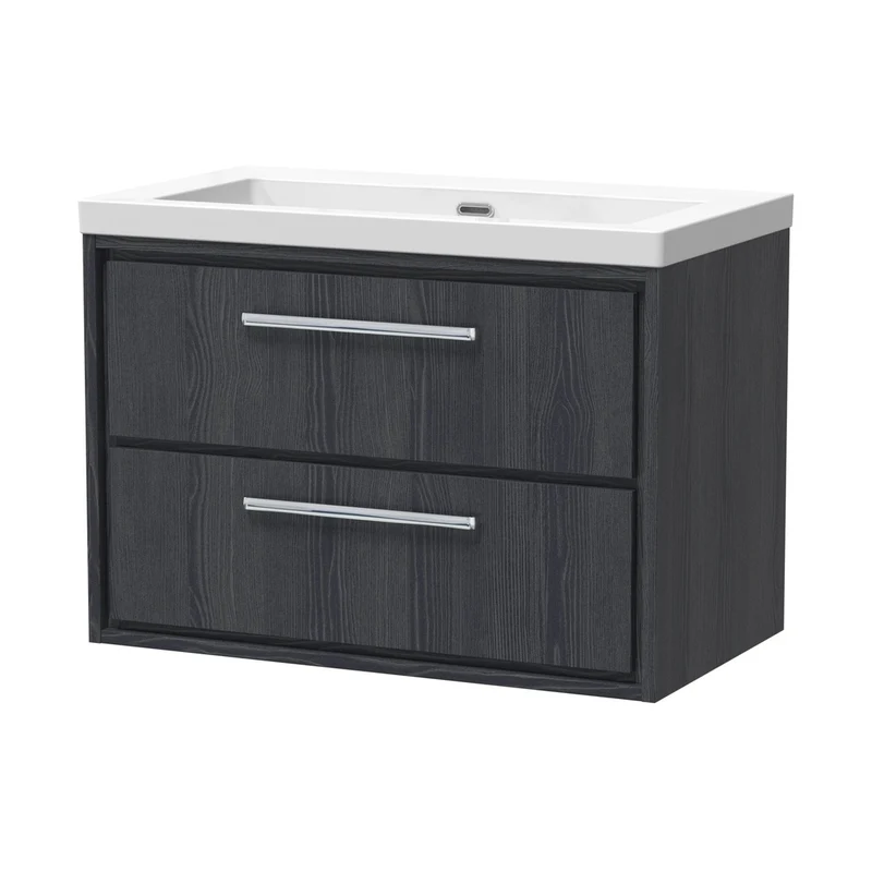 Hudson Reed Lille 800mm Wall Hung 2-drawer Vanity With Basin - 0 Tap Hole Contemp Graphite Grey Woodgrain Fireclay,MFC Textured Woodgrain 584x813x462mm