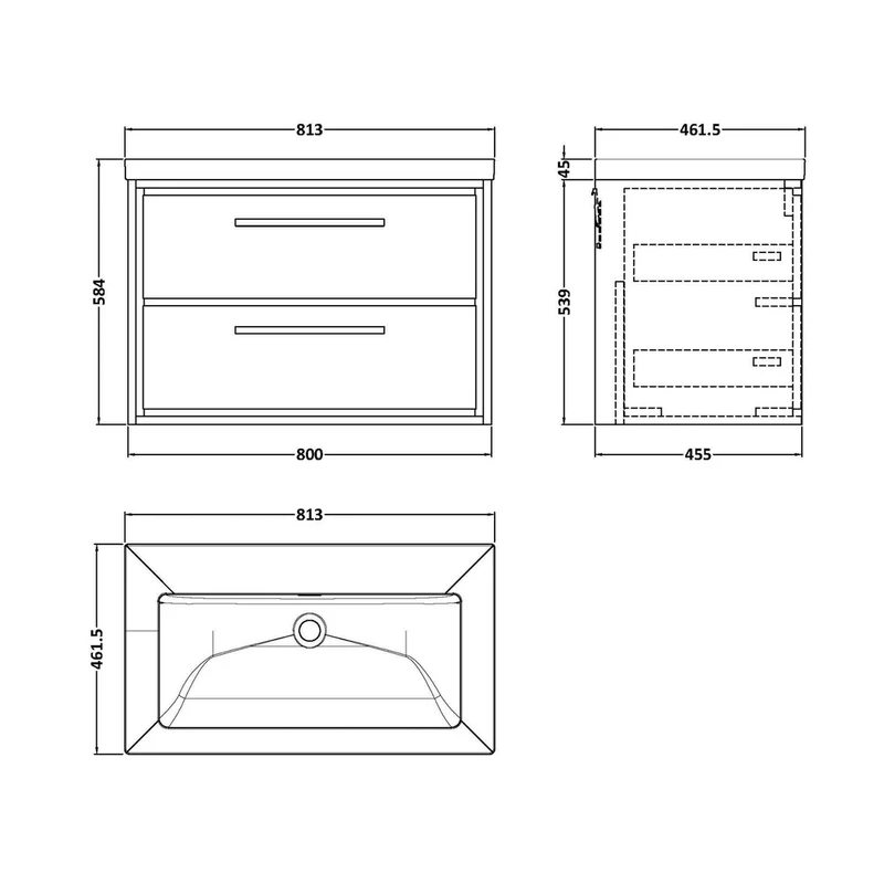 Hudson Reed Lille 800mm Wall Hung 2-drawer Vanity With Basin - 0 Tap Hole Contemp Graphite Grey Woodgrain Fireclay,MFC Textured Woodgrain 584x813x462mm